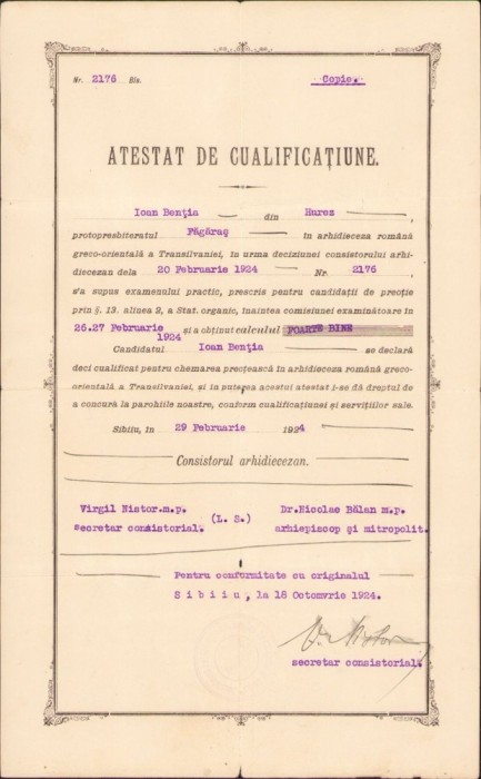 A1524 Atestat de cualificațiune pentru chemarea preoțească, preot ortodox, 1924, semnat olograf de episcopul Virgil Nistor