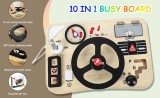 Busy Board Montessori din Lemn cu Volan, Simulator Bord Masina, 10 Activitati Interactive Educationale