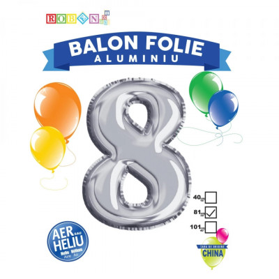 Balon, folie aluminiu, argintiu, cifra 8, 81 cm foto