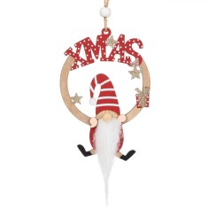 Ornament Brad Crăciun, Lemn, Gnome, Perforat, 8x12cm, Roșu-Maro