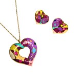 Cumpara ieftin Set cercei si colier inimi violet din inox cu email