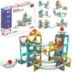 Set de Constructie Magnetic cu Tevi Tiles 3D, 3x minge colorata, Jucarie Educationala si Creativa STEM, cu 66 Piese magnetice, forme multiple, Dezvolt