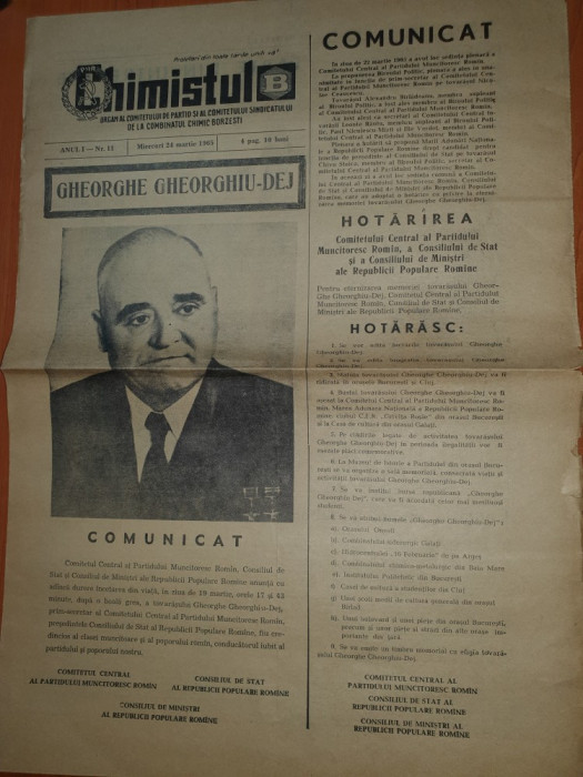 ziarul chimistul 24 martie 1965- moartea lui gheorghe gheorghiu dej