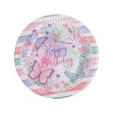 Farfurii de hartie pentru petrecere Happy Birthday Roz Verde Menta Fluturi 12 bu, CMCLASS