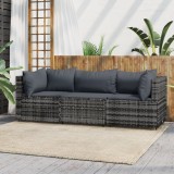 VidaXL Set mobilier de grădină cu perne, 3 piese, gri, poliratan