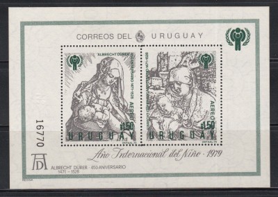 Uruguay 1979 - Anul Internațional al Copilului - Tablouri de D&amp;uuml;rer, Colita, Tiraj 30.000, Cota 20 Euro, MNH foto