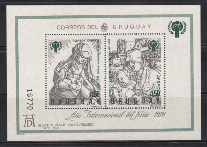 Uruguay 1979 - Anul Internațional al Copilului - Tablouri de D&uuml;rer, Colita, Tiraj 30.000, Cota 20 Euro, MNH
