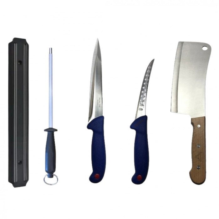 Set profesional de macelarie, injunghiat, transat, filetat, dezosat, 2 cutite, masat pentru ascutit, satar, suport magnetic