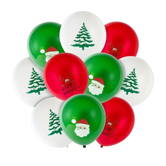 Set baloane de Craciun &ndash; rosu, alb, verde &ndash; cu motive festive &ndash; 10 bucati / pachet Best CarHome
