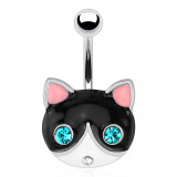 Piercing pentru buric, din oțel inoxidabil &ndash; pisică cu ochi albaștri, cap alb-negru