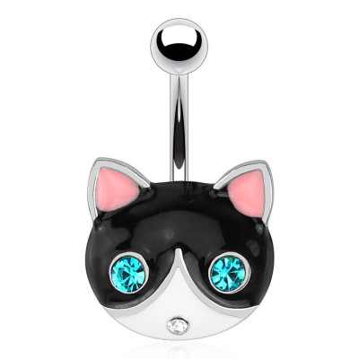Piercing pentru buric, din oțel inoxidabil &amp;ndash; pisică cu ochi albaștri, cap alb-negru foto