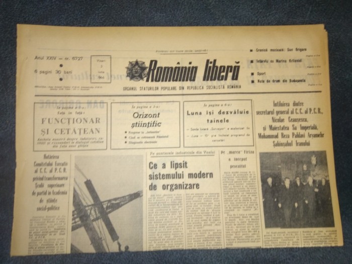 ZIARUL ROMANIA LIBERA 3 IUNIE 1966 VIZITA SAHULUI IRANULUI