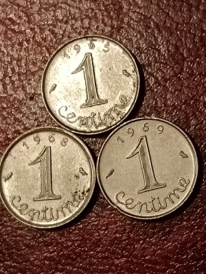 Lot 3 monede Franta:1 centime 1965 + 1968 + 1969, stare UNC [poze]. Discount conform descriere [10 - 20 %. Vezi descrierea.]. foto