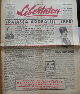 Ziarul libertatea, 27 octombrie 1944, eliberarea Ardealului foto