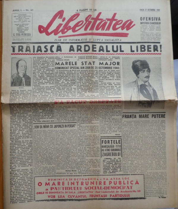 Ziarul libertatea, 27 octombrie 1944, eliberarea Ardealului