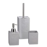 Cumpara ieftin Set baie dispenser sapun, pahar periute dinti, perie toaleta ceramica gri