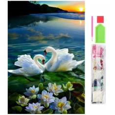 Set de broderie cu diamante 5D, model Lebede, 30x40 cm, accesorii incluse, multicolor
