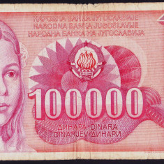 Bancnota Iugoslavia 100.000 Dinari 1989 - P97 Fine