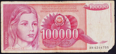 Bancnota Iugoslavia 100.000 Dinari 1989 - P97 Fine foto