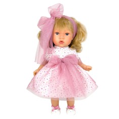 Papusa Nines D&#039;Onil Susette Tul cu parul blond, sunete, funda roz si miros de vanilie 45 cm
