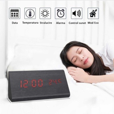 Ceas de birou LCD, afisaj data si temperatura, functie alarma, senzor de sunet, negru foto