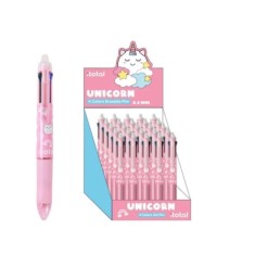Pix erasable, multicolor, cu mecanism retractabil, 4 culori, cu design unicorn, iTotal