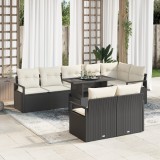 Set de 9 piese canapea gradina cu pernite negru ratan poliester, canapea gradina cu 2 locuri cu spatiu de depozitare &amp; pernite negru ratan poliester