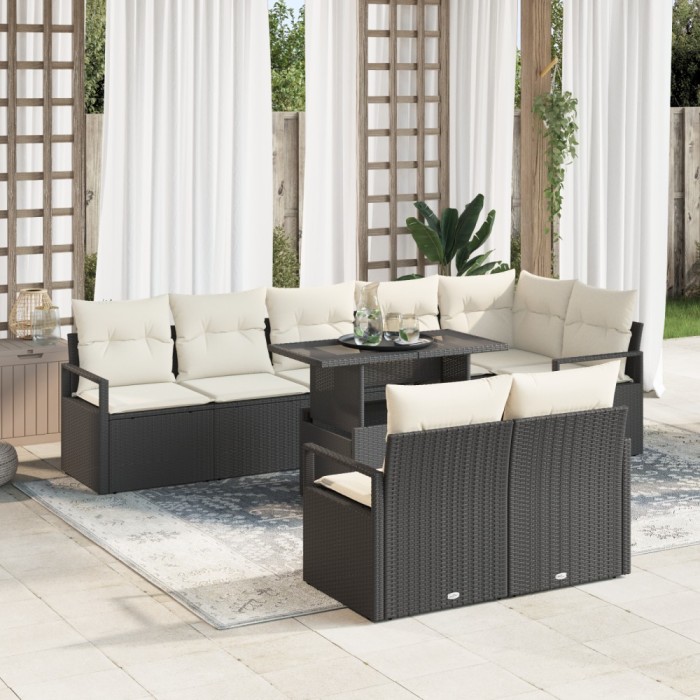 Set de 9 piese canapea gradina cu pernite negru ratan poliester, canapea gradina cu 2 locuri cu spatiu de depozitare &amp; pernite negru ratan poliester