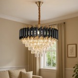Candelabru Cristal VERSAILLES Eleganza 7x E14, Diametru 49cm, Auriu Lucios si negru, Inaltime Reglabila