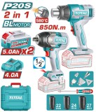 TOTAL - KIT COMBO 20V - MASINA DE INSURUBAT CU IMPACT, SUFLANTA CU AER CALD (INCLUDE 2 ACUMULATORI ,