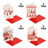 Set Felicitări Crăciun, Gnome, Glitter și Folie Roșie, 12x17 cm, 12 Bucăți, Plicuri Incluse, Oem