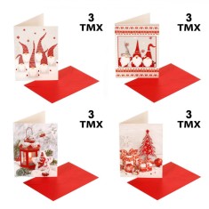 Set Felicitări Crăciun, Gnome, Glitter și Folie Roșie, 12x17 cm, 12 Bucăți, Plicuri Incluse