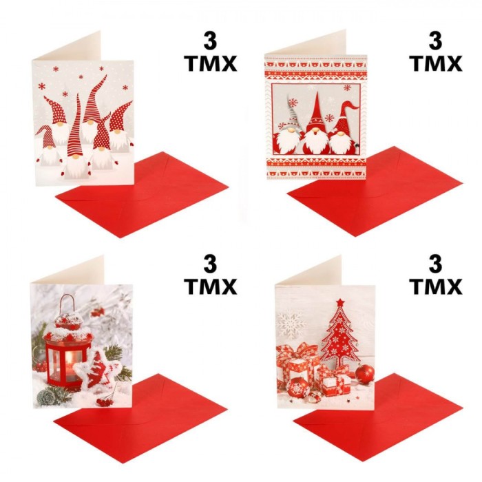 Set Felicitări Crăciun, Gnome, Glitter și Folie Roșie, 12x17 cm, 12 Bucăți, Plicuri Incluse