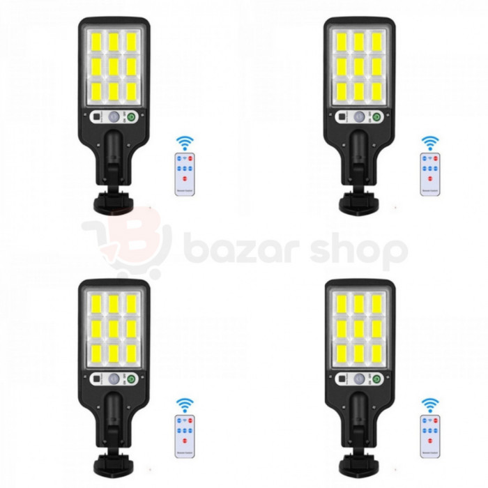 Set 4 x Lampi Solare de Perete cu 108 LED-uri COB, 20W, 3 Moduri de Functionare, Telecomanda, Senzor de Miscare