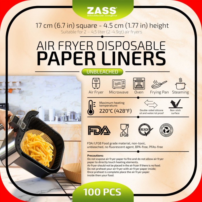 Set 100 buc Hartie de copt pentru friteuza cu aer cald airfryer ZASS ZPL 03, 17 cm, forma patrata, Maro - NOU