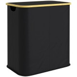 HOMCOM Coș pentru Rufe de 80L cu 2 Secțiuni și Capac din Material Textil și Bambus, 54x34x58,5 cm, Negru | Aosom Romania