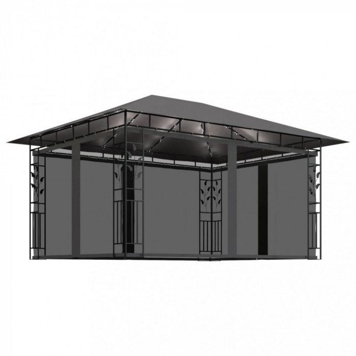 Pavilion cu plasa anti-tantari&amp;lumini LED, antracit, 4x3x2,73 m