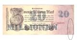 Bancnota Germania 20000000 mark/marci 25 iulie 1923, seria cu 6 cifre, unifata, cu taietura, stare buna
