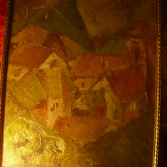 Tablou vechi - Sat de munte - ulei pe carton , dim.38x28cm