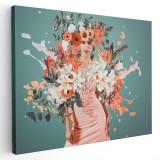 Tablou femeie cu flori pe corp fantezie, portocaliu verde 1357 Tablou canvas pe panza CU RAMA 70x100 cm