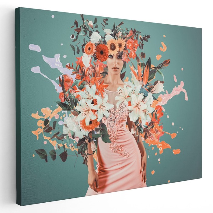 Tablou femeie cu flori pe corp fantezie, portocaliu verde 1357 Tablou canvas pe panza CU RAMA 20x30 cm