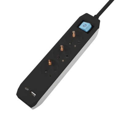 PRELUNGITOR SPACER, Schuko x 3, conectare prin Schuko (T),Type-C x1, USB x 1, 3.1A, cablu 3m, 16 A, max. 3500W, protectie copii, Intrerupator, Negru, foto