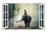Sticker decorativ, Fereastra 3D, Elefant, 85 cm, 287STK, natura si peisaje