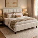Cumpara ieftin Pat matrimonial Erzon, elemente lemn masiv, tapitat cu stofa, cu somiera,140x200 cm, crem