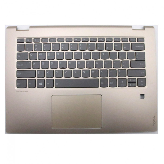 Carcasa superioara cu tastatura palmrest Laptop, Lenovo, Flex 5-1470 Type 80X1, 81C9, 5CB0N67686, AM1YM000200, iluminata, fingerprint, aurie, layout U