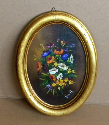 Buchet de flori - pictura in ulei pe carton panzat, miniatura originala semnata foto