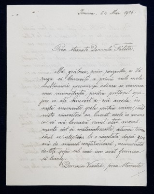 SCRISOARE OLOGRAFA ADRESATA DOMNULUI FILITTI , SEMNATA DE ION T. CIULLI , DATATA 24 MAI 1914 foto
