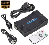 Adaptor VGA la Scart cu telecomanda, Active, Full HD, convertor analog video si sunet audio cu mufa mama Vga Euroscart, cablu alimentare USB 5V, compa