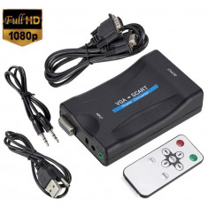 Adaptor VGA la Scart cu telecomanda, Active, Full HD, convertor analog video si sunet audio cu mufa mama Vga Euroscart, cablu alimentare USB 5V, compa