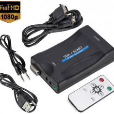 Adaptor VGA la Scart cu telecomanda, Active, Full HD, convertor analog video si sunet audio cu mufa mama Vga Euroscart, cablu alimentare USB 5V, compa